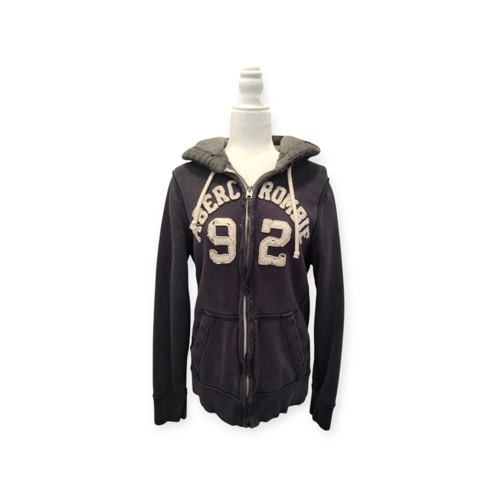 VTG Abercrombie & Fitch Heavy Full Zip Distressed Hoodie Large Navy
